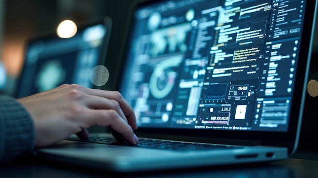 closeup view of hands typing on laptop keyboard with screen displaying programming code and data analytics graphs modern work environment in technology sectors