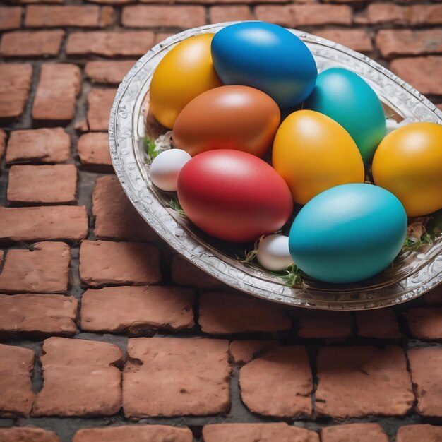 Closeup view of hanging fake eggs on table with brick wall with copy space decorated interior