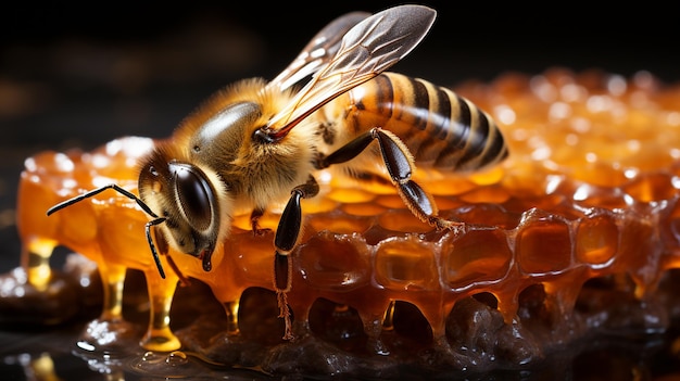 Closeup view of honey bee on surface with honeycomb and honey bee on white