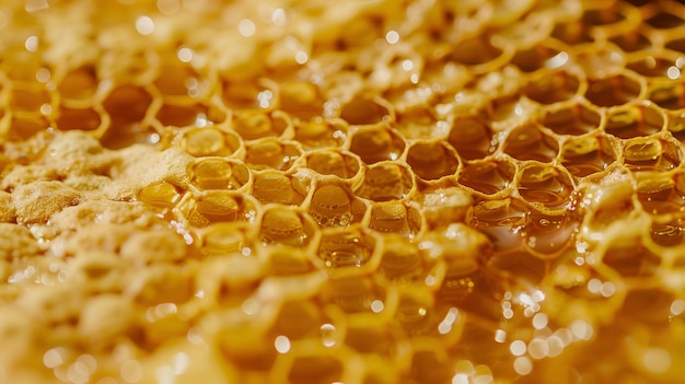 Closeup view of honeycomb patterna honey filled honeycomb