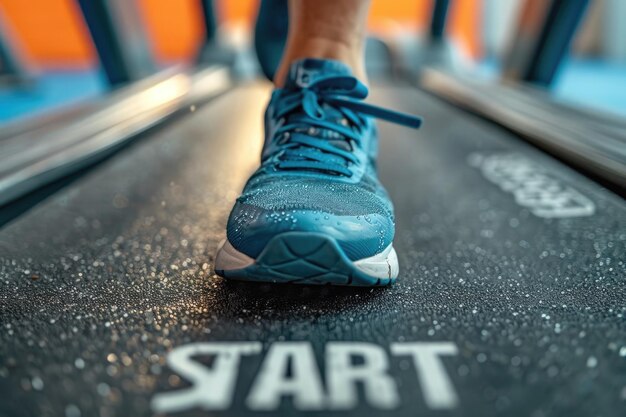 Photo closeup view of an individuals feet on a treadmill track marked with start 2025 symbolizing the beginning of a new years fitness journey