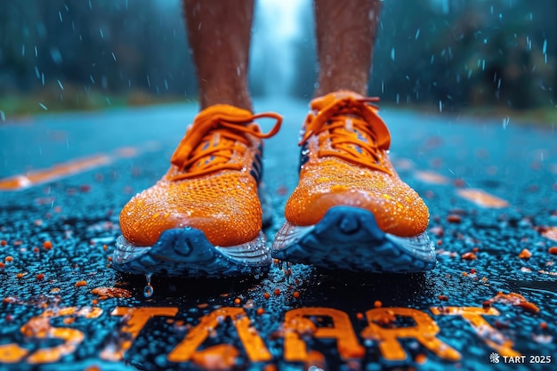 Closeup view of an individuals feet on a treadmill track marked with START 2025 symbolizing the beginning of a new years fitness journey