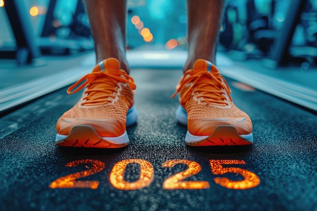 Closeup view of an individuals feet on a treadmill track marked with START 2025 symbolizing the beginning of a new years fitness journey