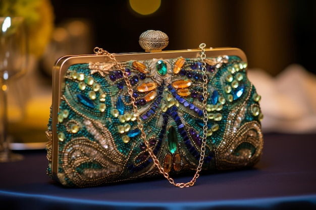 魅力 的 な パーティー 財布 を 飾っ て いる 複雑 な 珠 の 作品 を 近く から 見る