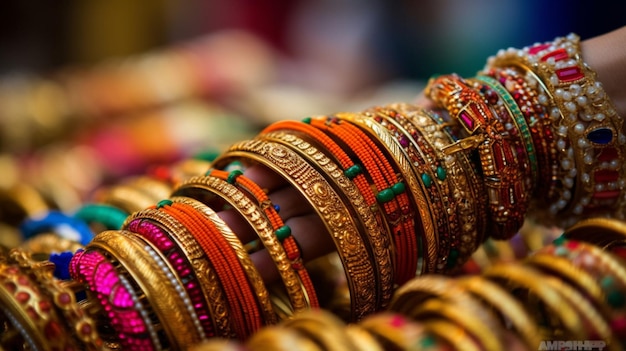 A closeup view of intricate jewelry and accessories worn by women during Teej The shimmering bangl