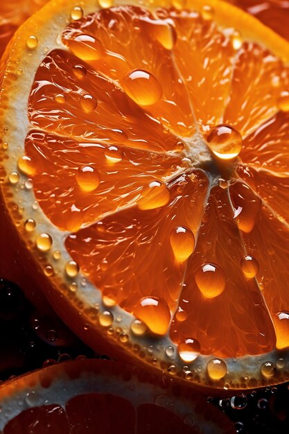 Closeup view of a juicy orange slice with water droplets