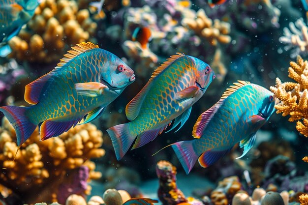 A closeup view of a kaleidoscope of parrotfish gra generative ai