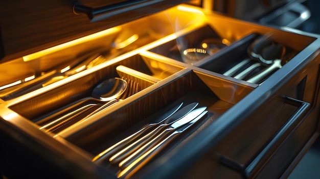 Photo closeup view of kitchen drawer with well organized utensils inside