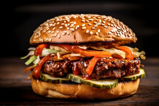 A closeup view of a Korean BBQ bulgogi burger is served on a wooden board