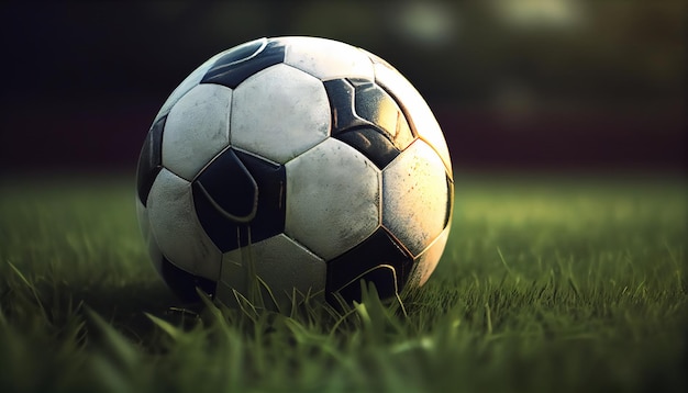 Closeup view of leather soccer ball on green grass