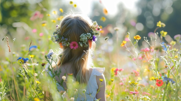 Closeup view of a little girl with a wreath of wildflowers in the flowers field on a sunny day