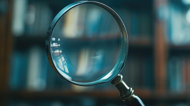 Photo a closeup view of a magnifying glass positioned in front of a bookshelf ideal for illustrating concepts related to research discovery knowledge and education