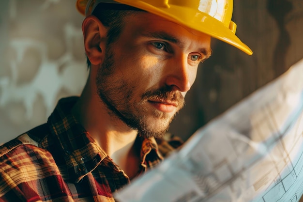 A closeup view of a man in work clothes and a yellow helmet