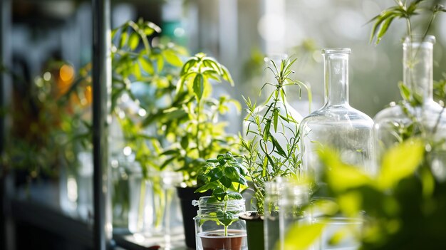 Photo closeup view of medical glass plants