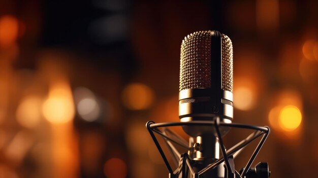 Closeup view of the microphone on stage and bokeh background Created With Generative AI Technology