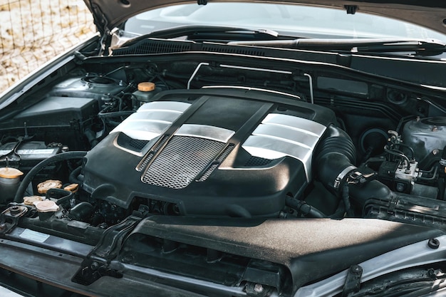 CloseUp View of modern Engine Showcasing the Intricate Details of the Combustion System in the Front Naturally aspirated gasoline engine