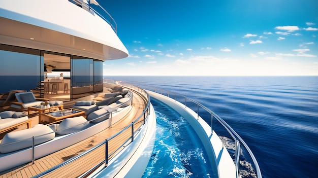 A closeup view of a modern yacht cruising on a sunkissed sea with a cinematic dreamy mood