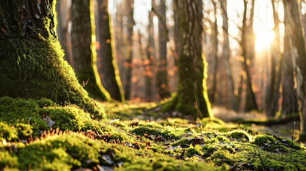 Closeup view of moss on tree trunks in the forest on sunny day