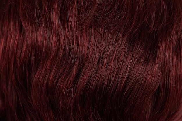 濃い赤のブルネットのカールの背景の自然な光沢のある髪の束のクローズ アップ ビュー