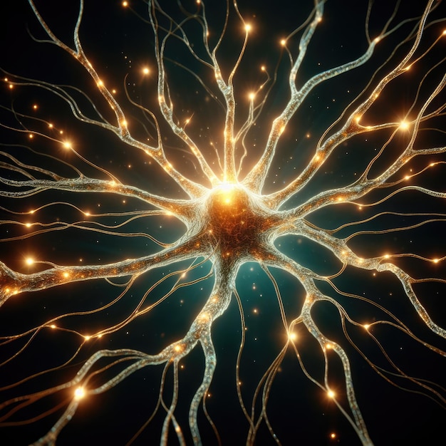 A closeup view of a neuron or similar biological structure illuminated and glowing against a dark