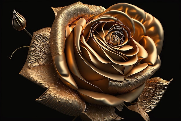 Фото Крупный план золотой розы. роза имеет сложные детали и кажется сделанной из металла, возможно, из золота. стебель и листья также золотые и имеют блестящую отражающую поверхность. генеративный ии.