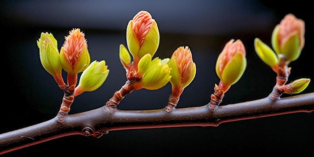 写真 枝 の 上 で 芽 を く 葉 が 暗い 背景 に 近く から 見 られ て いる