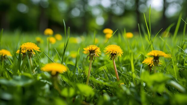 写真 緑 の 茂る 畑 の 中 で 鮮やか な 黄色い ダンデリオン を 近く から 見る