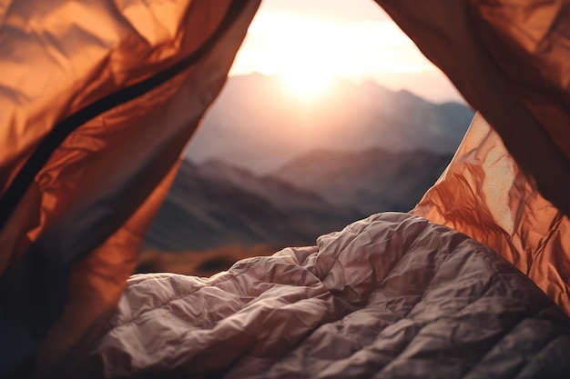 Photo closeup view of orange sleeping bag in mountains on background generative ai