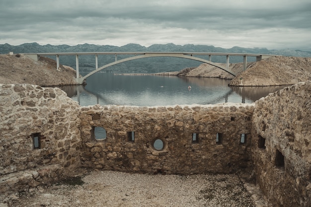 Closeup view on Pag bridge from Fortica, Croatia