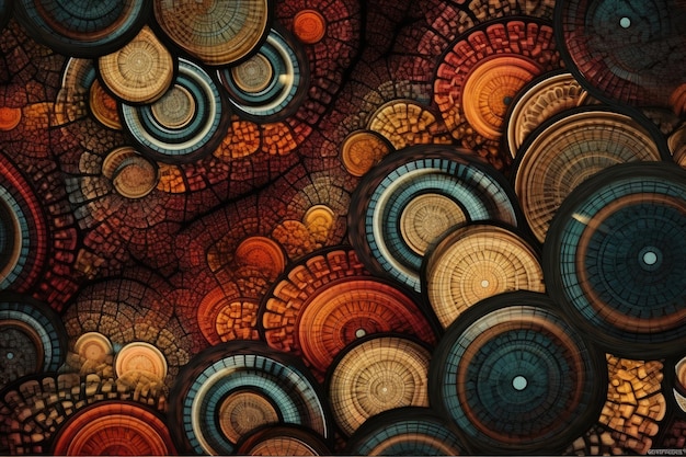 Closeup view of a painting with circular shapes