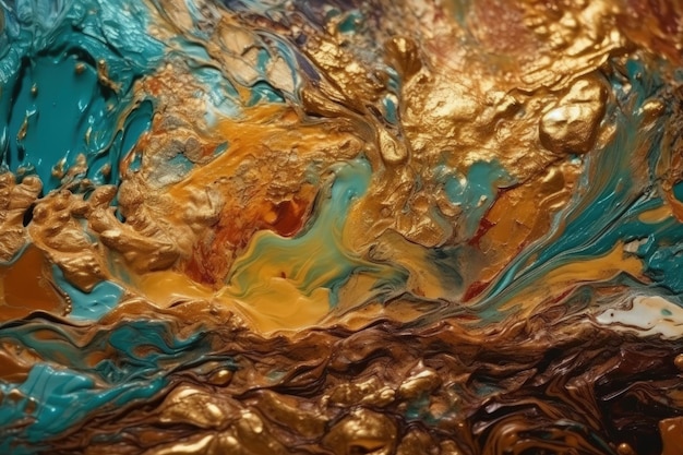 Closeup view of a painting with vibrant gold and blue colors Generative AI