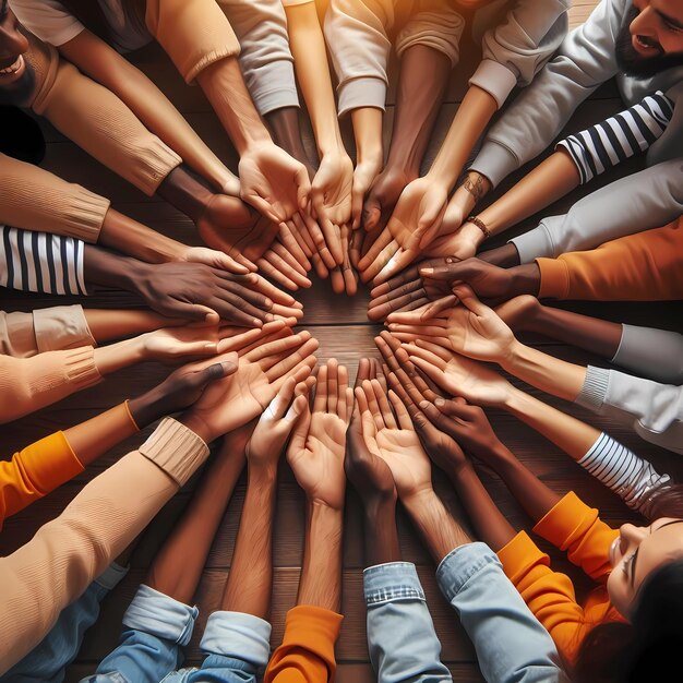 Closeup view of Palms up hands of a happy group of multinational people who stay in a circle