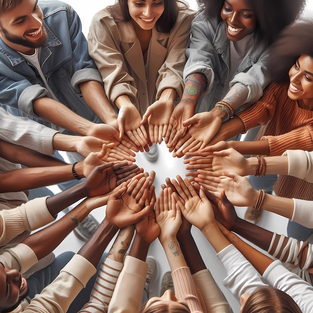 Closeup view of Palms up hands of a happy group of multinational people who stay in a circle