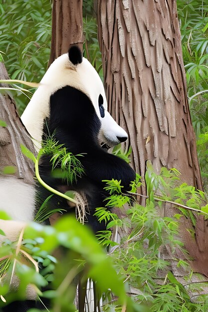 A closeup view of a panda bear in its natural habitat surrounded by a lush forest of trees