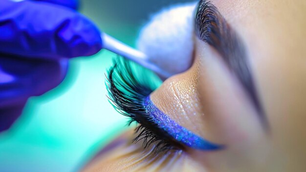 A closeup view of a person getting blue eyeliner applied in a beauty salon