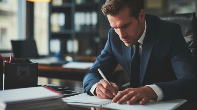 Photo closeup view of a persons hand holding a pen over a pile of paperwork indicating they are working signing documents or reviewing files