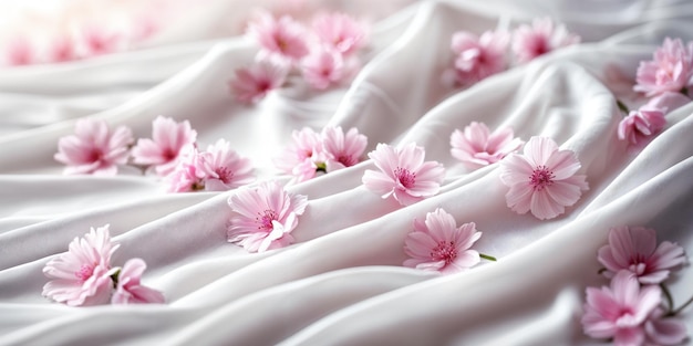 A closeup view of pink flowers scattered across a white fabric creating a soft and delicate texture