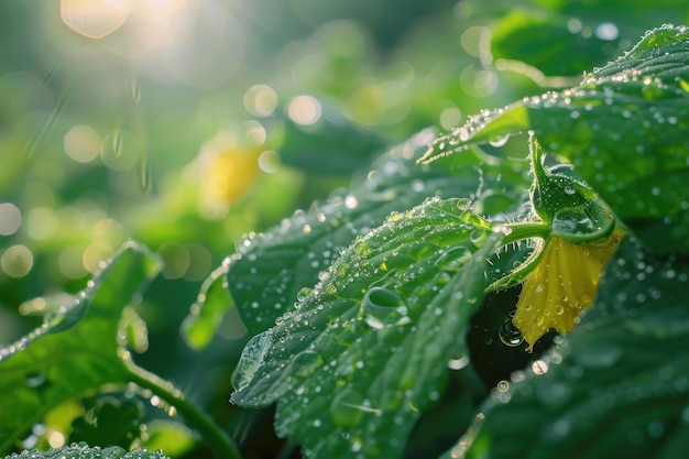 A closeup view of a plant showcasing delicate water droplets resting on its leaves reflecting light and adding a sense of freshness and vitality