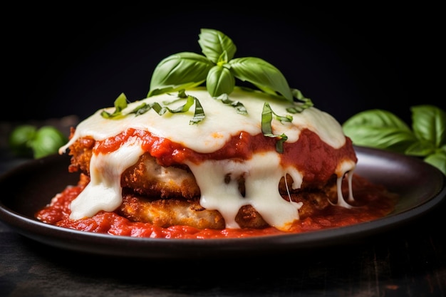 A closeup view of a plate of chicken parmesan