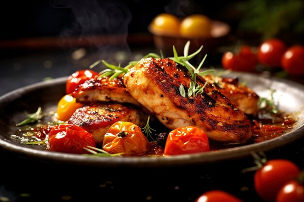 A closeup view of a plate of chicken with herb roasted tomatoes