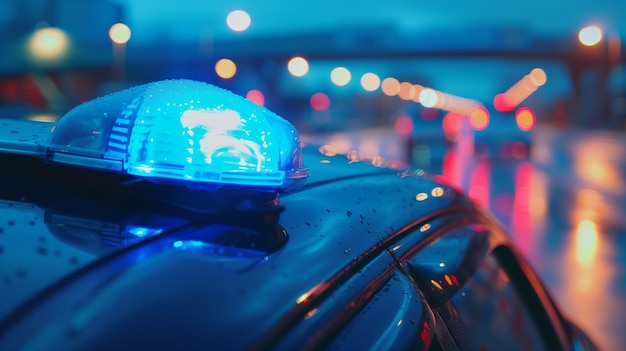 Photo closeup view of a police cars blue light illuminated on a rainy evening with colorful city lights