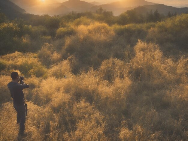 Closeup view of a portrait of a natural environment with a photographer