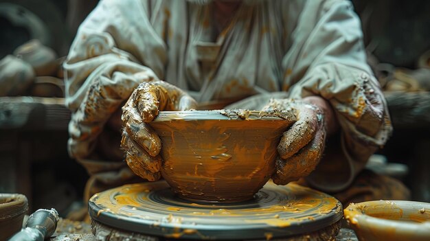 Closeup view of a pottery artist carefully shaping the stem of a goblet on a spinning whe