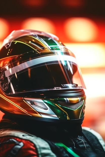 Photo a closeup view of a racing helmet with a bokeh background ai generated