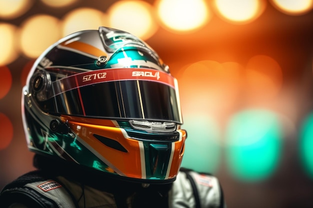 A closeup view of a racing helmet with a bokeh background AI generated