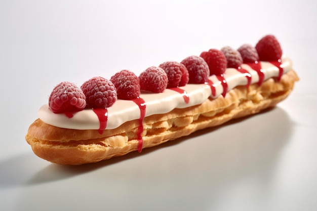 A closeup view of a raspberry flavoured eclair