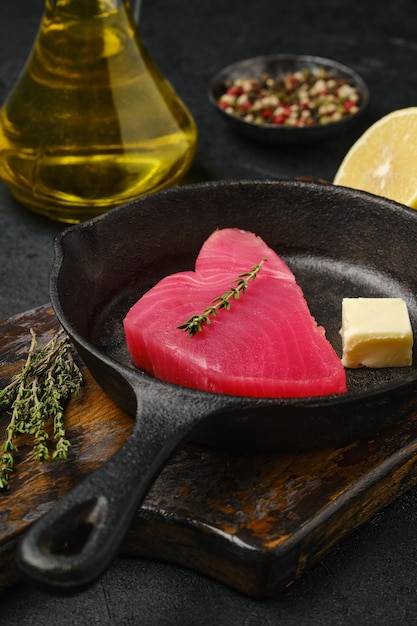 Closeup view of raw tuna slice in frying pan