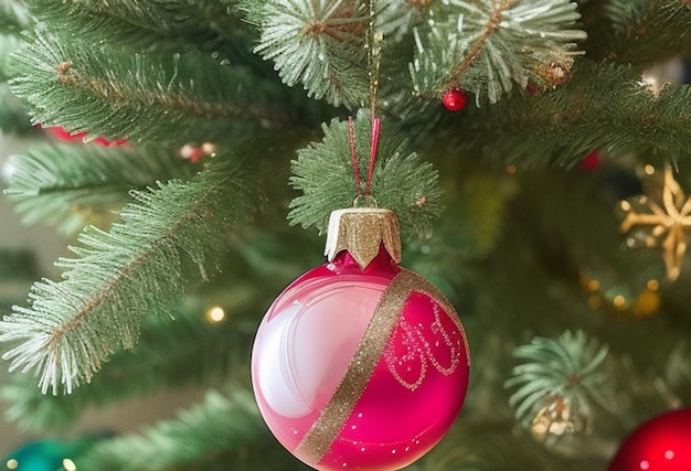 Closeup view of red beautiful ball on christmas tree background lot of blurry lights