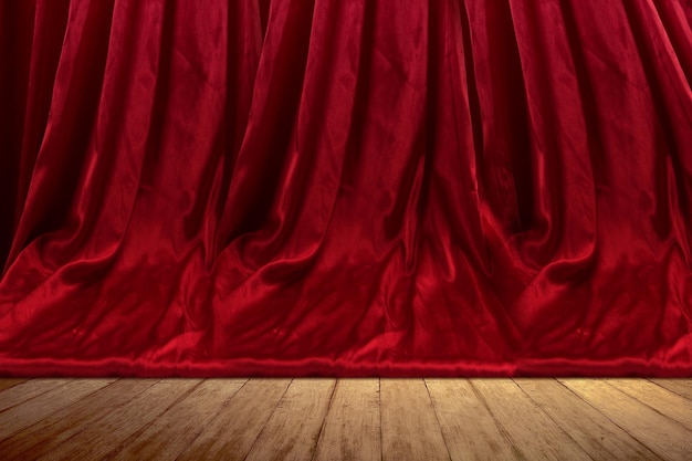 Closeup view of the red curtain with wooden floor