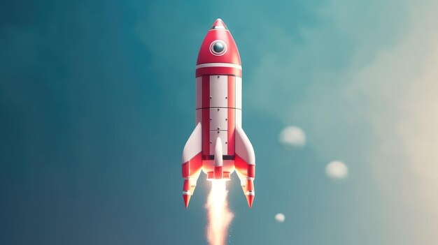 Closeup view of red white color missile rocket flying in the sky and moving on target